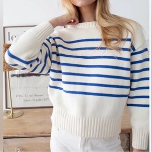 Striped Crew Neck Sweater in Cream and Blue